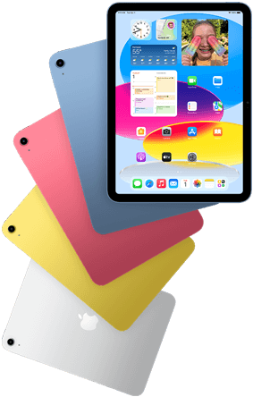 Egy
iPad elölnézete a főképernyőt mutatja, mögötte négy iPad látható hátulnézetből kék, rózsaszín, sárga és ezüstszínben