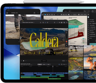 Asztrofekete iPad Pro szemből, fekvő tájolásban, a tetején Apple Pencil, a kijelzőn egymás mellé helyezve több alkalmazásablak,
köztük a Final Cut Pro különböző videószerkesztési funkciókkal és idővonallal, a Térképek, a Jegyzetek és különféle médiaklipek