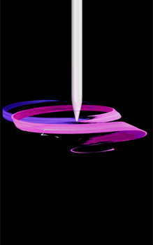 Fehér
Apple Pencil Pro, elölnézetben, álló tájolásban, oldalprofilból, amint lila és rózsaszín szalagokból álló absztrakt látványtervet
rajzol