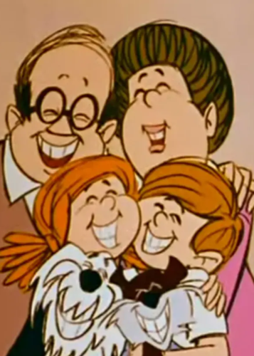 Rajzfilm  illusztráció a Mézga családról, akik mosolyogva ölelkeznek egy kis kutyával.  Minden szereplő szélesen mosolyog, fogsorukat is mutatva.