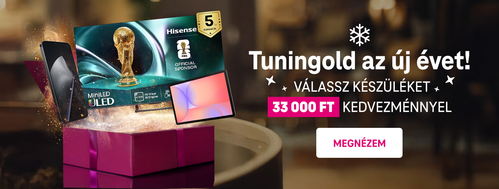 Telekom újévi készülékakció: akár 33 000 Ft kedvezmény TV-re, telefonra, okosórára és ajándékdoboz. Újév, készülék, akció, kedvezmény, Telekom.